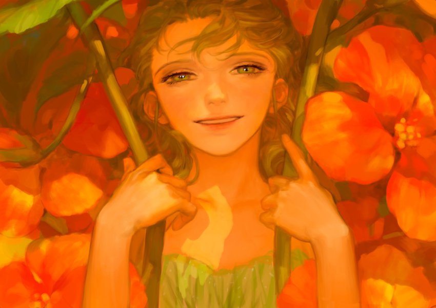 1girl, asymmetrical_bangs, blonde_hair, camisole, collarbone, female_focus, flower, food