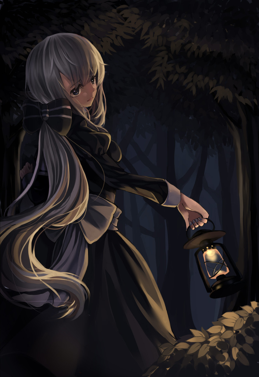 1girl, absurdres, aer_(tengqiu), alternate_costume, black_dress, black_eyes, bow, bush
