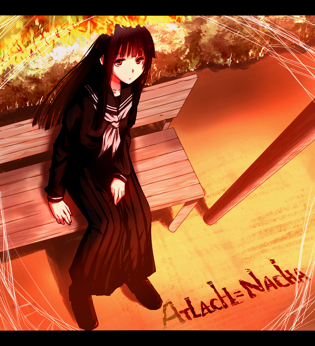 1girl, atlach-nacha, bench, black_hair, black_serafuku, copyright_name, female_focus, hirasaka_hatsune