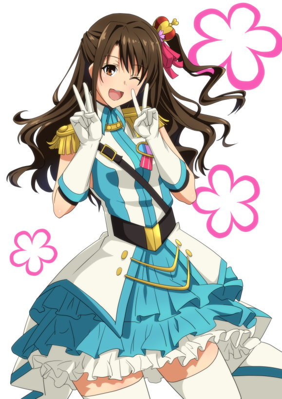 10s, 1girl, ;d, brown_eyes, brown_hair, crown, crystal_night_party, double_v