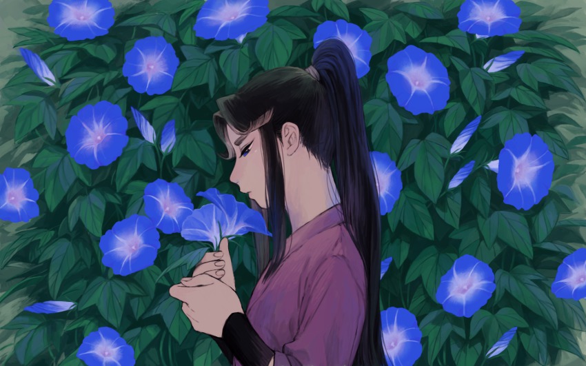 1boy, bad_id, bad_pixiv_id, blue_eyes, blue_flower, eyelashes, flower, from_side