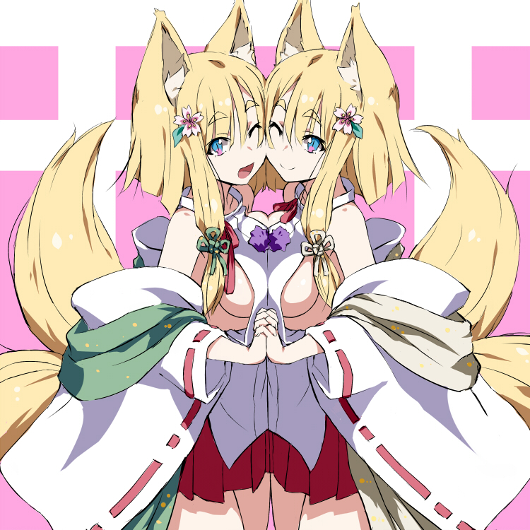 2girls, animal_ears, bare_shoulders, blonde_hair, blue_eyes, breast_press, breasts, cheek-to-cheek, detached_sleeves, eyebrows, flower, fox_ears, fox_tail, hair_flower, hair_ornament, heads_together, holding_hands, interlocked_fingers, japanese_clothes, kitsune, miko, multiple_girls, one_eye_closed, open_mouth, original, own_hands_together, pleated_skirt, ramuya_(lamb), ribbon, ribbon_trim, short_hair, short_hair_with_long_locks, siblings, sideboob, sidelocks, simple_background, sisters, skirt, slit_pupils, smile, symmetrical_docking, tail, thighs, twins, wide_sleeves