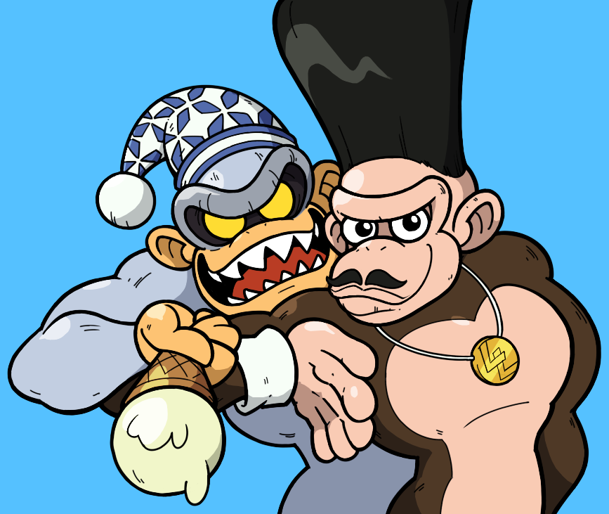 blue_background, bluster_kong, cosplay, crossover, donkey_kong_(series), donkey_kong_country_(cartoon), eddie_the_mean_old_yeti, facial_hair, food, gorilla, hat, ice_cream, ice_cream_cone, jean_pierre_polnareff, jean_pierre_polnareff_(cosplay), jojo_no_kimyou_na_bouken, medallion, mustache, nintendo, shenanimation, silver_chariot, silver_chariot_(cosplay), simple_background