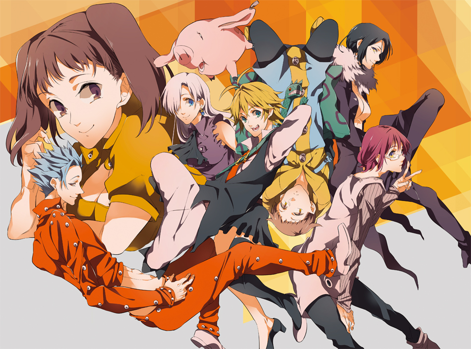 10s, animal, ban_(nanatsu_no_taizai), black_hair, blonde_hair, blue_hair, boots, brown_eyes, brown_hair, cleavage, diane_(nanatsu_no_taizai), elizabeth_liones, glasses, gowther, group_, hawk_(nanatsu_no_taizai), king_(nanatsu_no_taizai), long_hair, looking_at_viewer, meliodas, merlin_(nanatsu_no_taizai), nanatsu_no_taizai, necktie, open_mouth, peeking, pig, pink_hair, shoes, short_hair, side_bangs, smile, thighhighs, white_hair, yellow_eyes