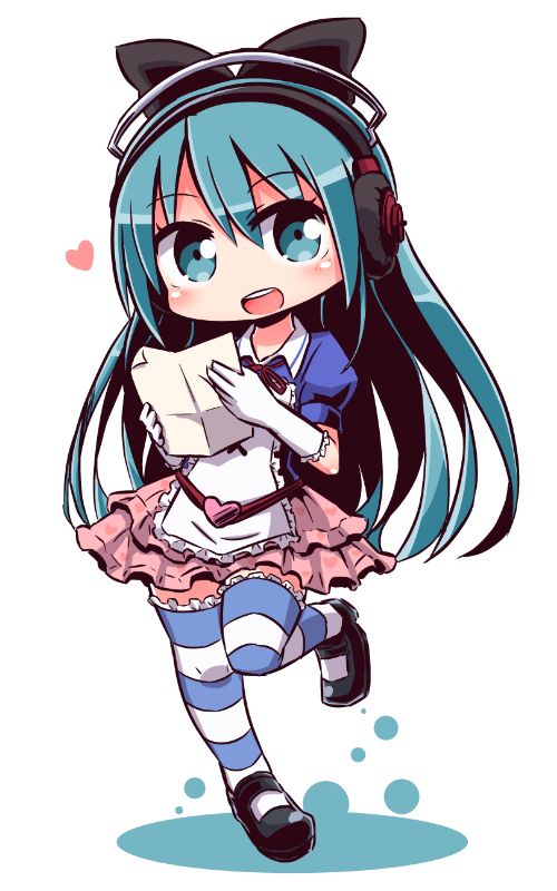 1girl, artist_request, ayasaki_yuu_(band_brothers), black_shoes, blouse, blue_eyes, blue_hair, blue_shirt, breasts, daigasso!_band_brothers, female_focus, full_body, hair_between_eyes, head_tilt, holding, holding_paper, long_hair, nintendo, paper, shirt, shoes, smile, solo, standing, standing_on_one_leg, striped_clothes, striped_thighhighs, thighhighs, very_long_hair, white_background