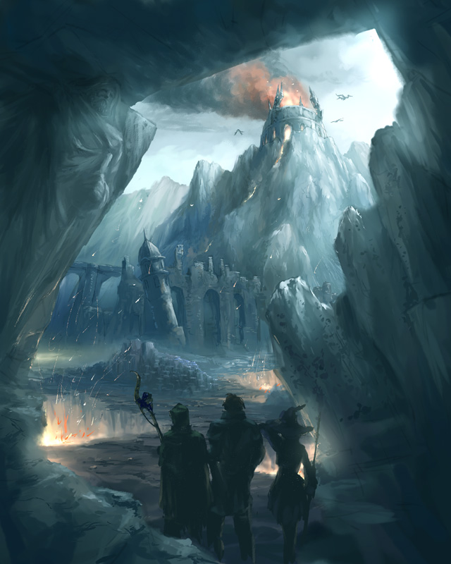 1girl, 2boys, cloud, coz_(commit), fire, landscape, lava, mountain