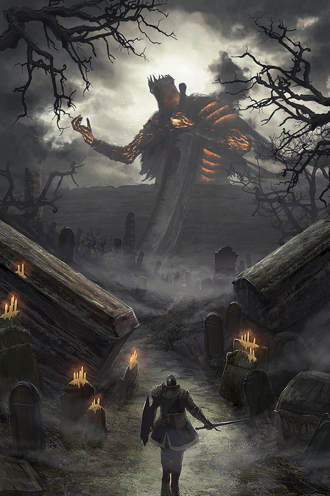 2boys, armor, ashen_one_(dark_souls), bare_tree, boss, candle, cleaver, cloud