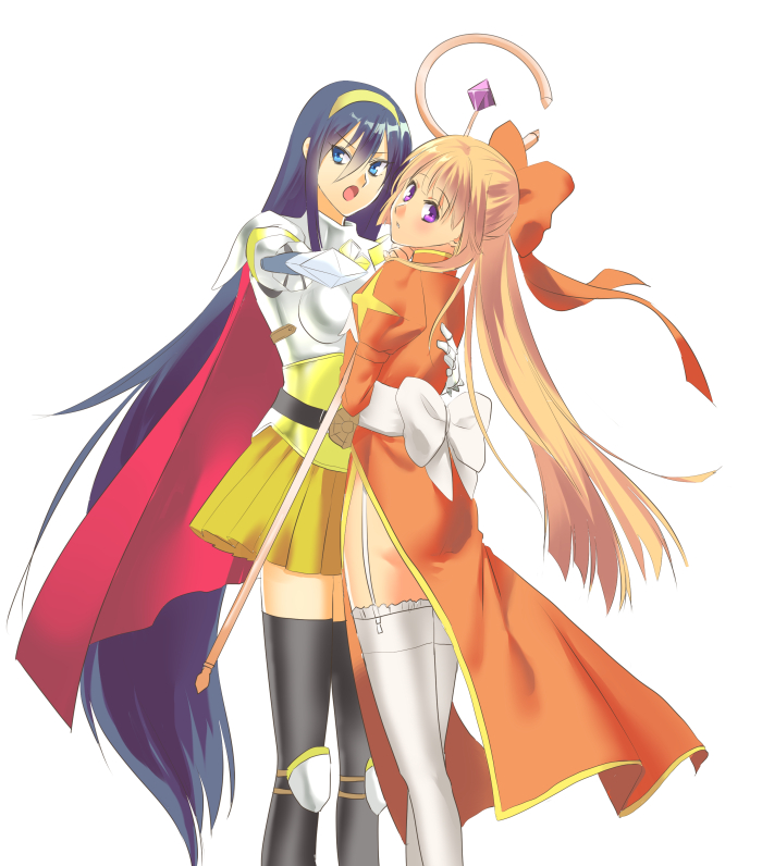 2girls, :o, alternate_costume, armor, black_legwear, blonde_hair, blue_eyes, blue_hair