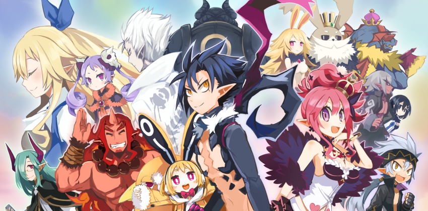 6+boys, 6+girls, :d, animal_ears, asagiri_asagi, black_hair, blonde_hair, bloodis_(disgaea), bright_pupils, character_request, christo_(disgaea), closed_eyes, colored_skin, crown, disgaea, earmuffs, everyone, glasses, green_hair, grey_hair, grin, headband, high_ponytail, highres, horns, killia_(disgaea), liezerota, long_hair, looking_at_viewer, majorita_(disgaea), makai_senki_disgaea_5, mini_crown, monster, multiple_boys, multiple_girls, open_mouth, pink_hair, pointy_ears, ponytail, prinny, purple_eyes, rabbit_earmuffs, rabbit_ears, red_crown, red_eyes, red_hair, red_magnus, red_skin, seraphina_(disgaea), short_hair, single_horn, smile, spiked_hair, topless_male, usalia_(disgaea), usamasuku, void_dark_(disgaea), white_hair, yellow_eyes, zeroken_(disgaea)