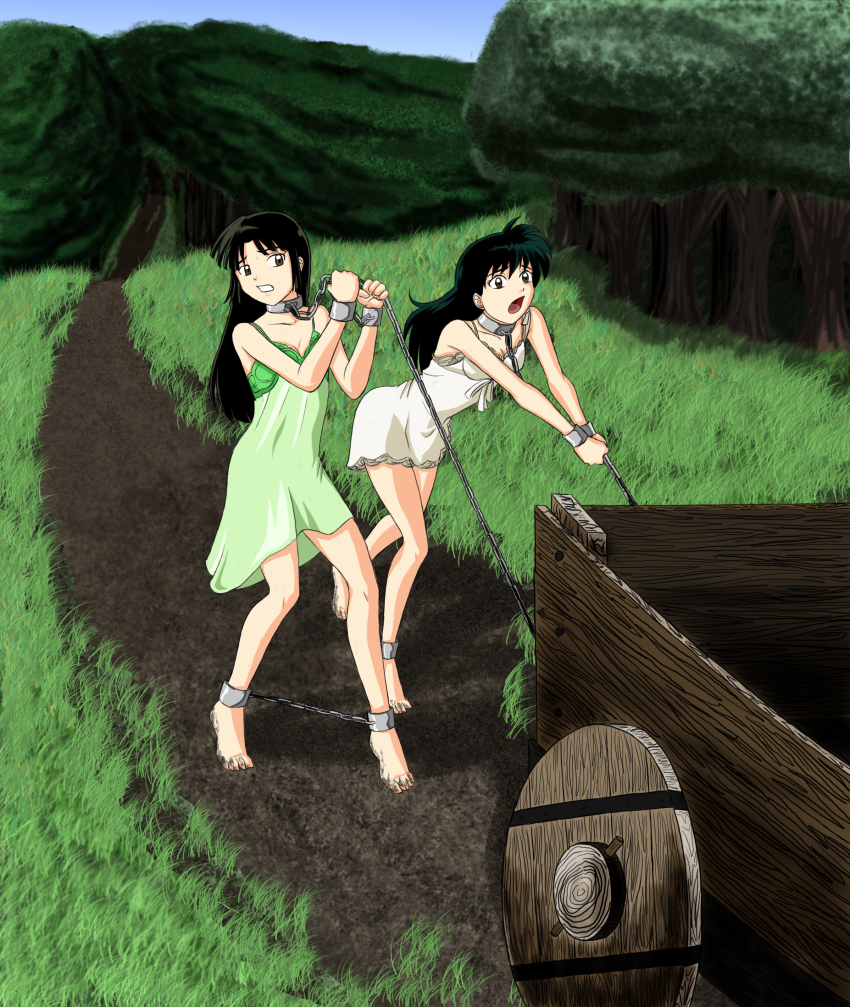 2girls, absurdres, barefoot, bdsm, black_hair, bondage, bound, bound_ankles, bound_wrists, brown_eyes, cart, chain, collar, cuffs, day, dirty, dirty_feet, grass, highres, higurashi_kagome, inuyasha, leash, leash_pull, long_hair, multiple_girls, nightgown, outdoors, rocatart, sango_(inuyasha), shackles, slave