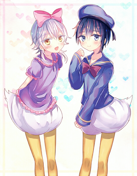 10s, 2boys, :d, abandon_ranka, blue_eyes, blue_hair, bow, cosplay
