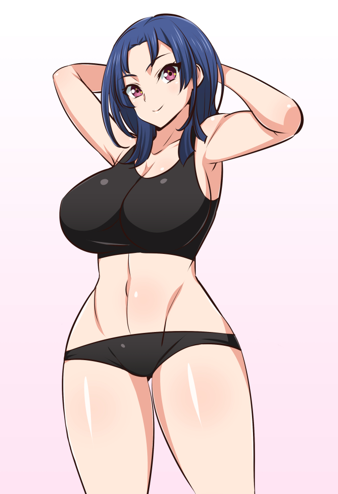 1girl, active_raid, arms_up, black_panties, blue_hair, blush, closed_mouth, collarbone