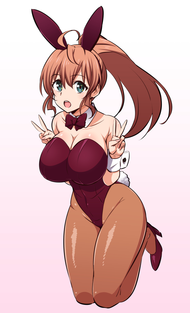 1girl, :o, active_raid, ahoge, alternate_breast_size, animal_ears, aqua_eyes, bare_shoulders, blush, body_blush, bodysuit, bow, bowtie, breasts, brown_pantyhose, cleavage, collarbone, covered_navel, curvy, detached_collar, double_v, fake_animal_ears, fake_tail, female_focus, full_body, gabao_(mattari_2019), gradient_background, hair_between_eyes, hairband, high_heels, high_ponytail, highleg, highleg_leotard, kneeling, large_breasts, leotard, long_hair, looking_at_viewer, open_mouth, orange_hair, pantyhose, playboy_bunny, ponytail, purple_background, rabbit_ears, rabbit_tail, red_bow, red_bowtie, red_shoes, shoes, sideboob, sidelocks, simple_background, smile, solo, strapless, strapless_leotard, tail, tareme, thighs, v, very_long_hair, wide_hips, wrist_cuffs, yamabuki_hinata, yamabuki_rin