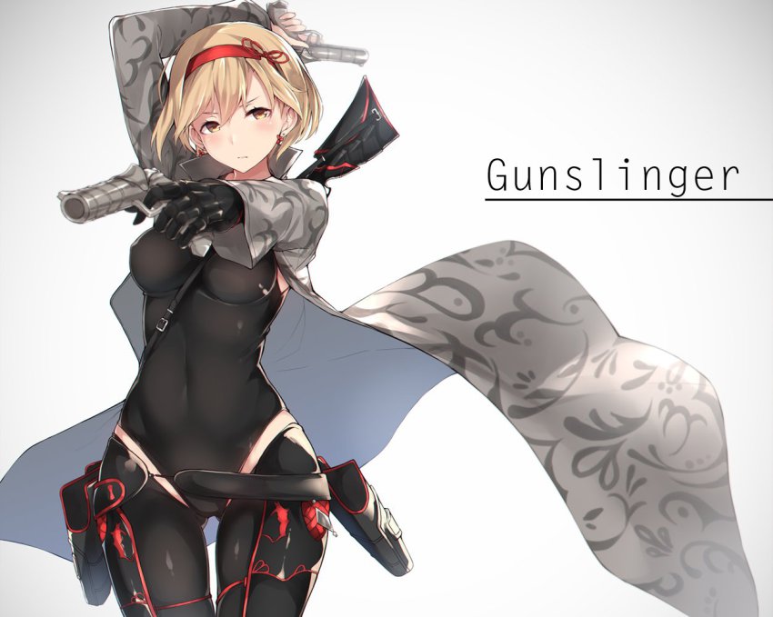 10s, 1girl, aiming, arm_behind_head, arm_up, between_breasts, black_bodysuit, blonde_hair