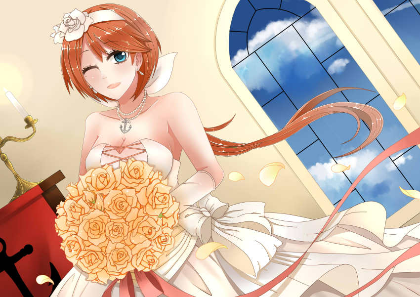 1girl, absurdres, blue_eyes, blue_sky, bouquet, breasts, bridal_veil, bride, candle, cloud, day, dress, elbow_gloves, female_focus, flower, gloves, highres, jewelry, lips, long_hair, medium_breasts, mole, mole_under_eye, mu_anonym, necklace, nelson_(warship_girls_r), one_eye_closed, open_mouth, red_hair, rose, sky, smile, solo, strapless, strapless_dress, tiara, veil, warship_girls_r, wedding_dress, window