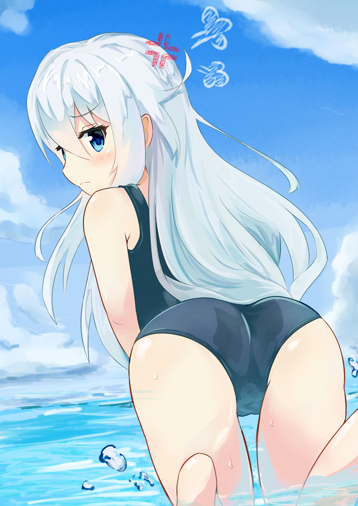 10s, 1girl, anger_vein, blue_eyes, female_focus, hibiki_(kancolle), kantai_collection, kyoubu, long_hair, one-piece_swimsuit, school_swimsuit, silver_hair, solo, swimsuit