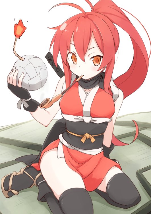 1girl, black_thighhighs, bomb, explosive, female_focus, fuse, hair_between_eyes, japanese_clothes