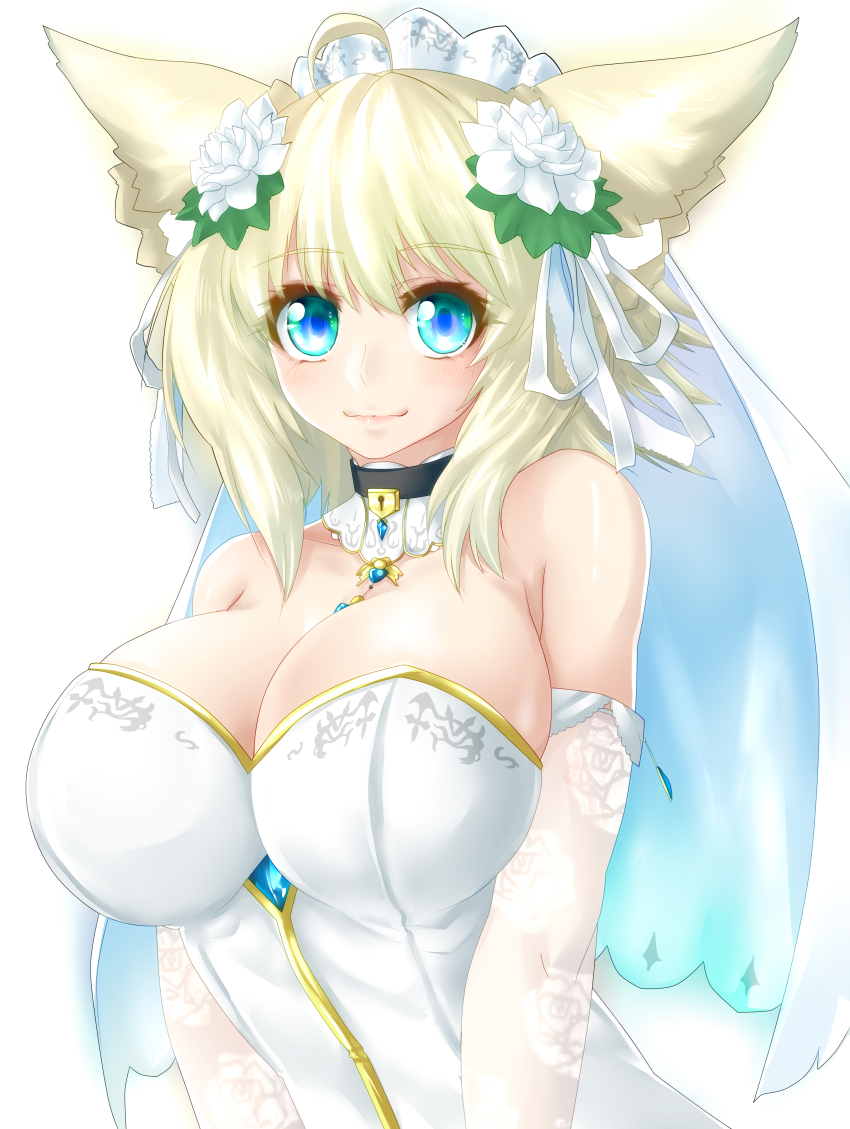 1girl, absurdres, animal_ears, bare_shoulders, blonde_hair, blue_eyes, breasts, bridal_veil