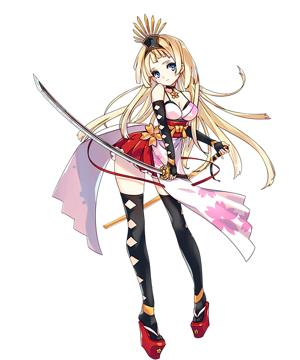 1girl, alpha_transparency, argyle_clothes, argyle_thighhighs, black_thighhighs, blonde_hair, blue_eyes, choker, female_focus, fingerless_gloves, flower_symbol, full_body, gloves, ichigo_hitofuri_(tenka_hyakken), ichigo_hitofuri_(tenkahyakken), long_hair, official_art, pigeon-toed, sheath, skirt, solo, takagi_masafumi, tenka_hyakken, tenkahyakken, thighhighs, transparent_background