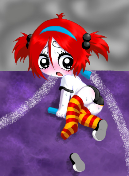 1girl, 4kaku3kaku, accident, ahoge, alternate_hairstyle, ass, black_buruma, black_eyes, black_shoes, blush, buruma, colored_skin, fallen_down, freckles, gym_uniform, hair_bobbles, hair_ornament, hairband, holding, open_mouth, red_hair, red_thighhighs, relay_baton, ruby_gloom, ruby_gloom_(character), shirt, shoes, short_hair, short_sleeves, single_shoe, striped_clothes, striped_thighhighs, sweat, thighhighs, twintails, unworn_shoes, white_shirt, white_skin