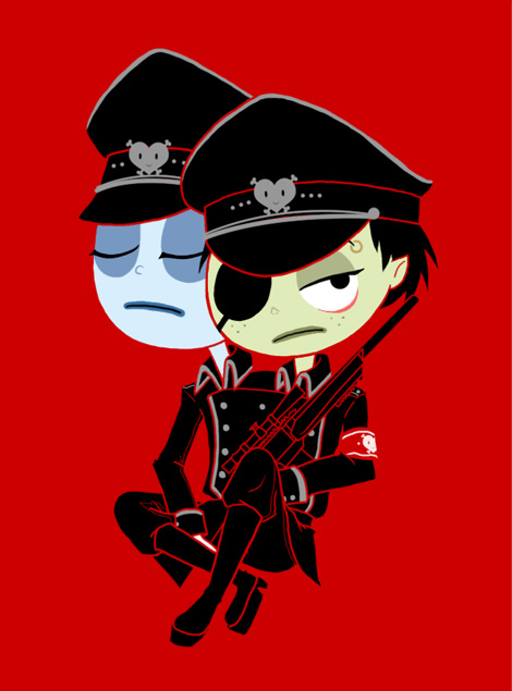 2boys, 4kaku3kaku, armband, black_boots, black_eyes, black_hat, black_jacket, black_pants, blue_skin, boots, brothers, closed_eyes, colored_skin, eyepatch, frank_(ruby_gloom), freckles, green_skin, gun, hat, heart, holding, holding_gun, holding_weapon, jacket, len_(ruby_gloom), long_sleeves, looking_at_viewer, military, military_hat, military_uniform, multiple_boys, multiple_heads, pants, red_background, rifle, ruby_gloom, siblings, sitting, sniper_rifle, weapon