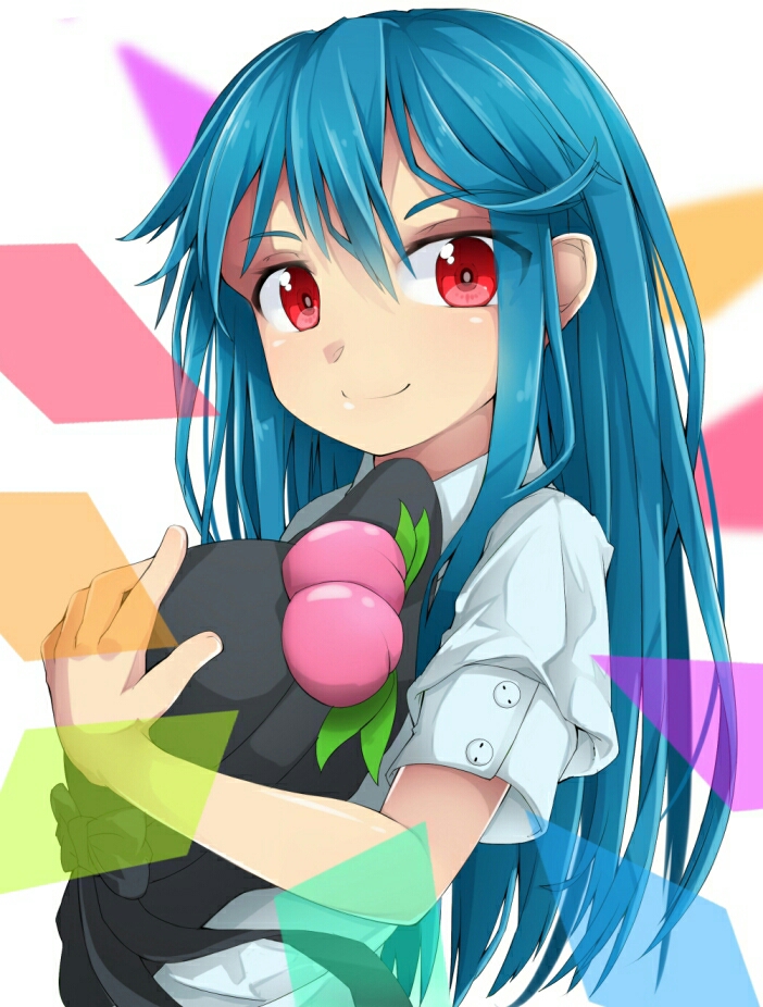 1girl, blue_hair, female_focus, food, fruit, hat, hat_hug, hinanawi_tenshi