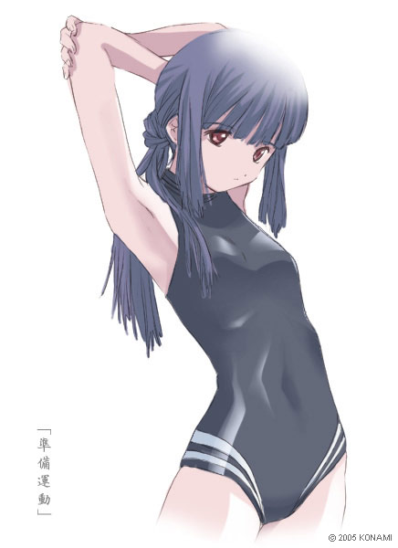 00s, 1girl, 2005, armpits, arms_up, black_one-piece_swimsuit, blue_hair, brown_eyes