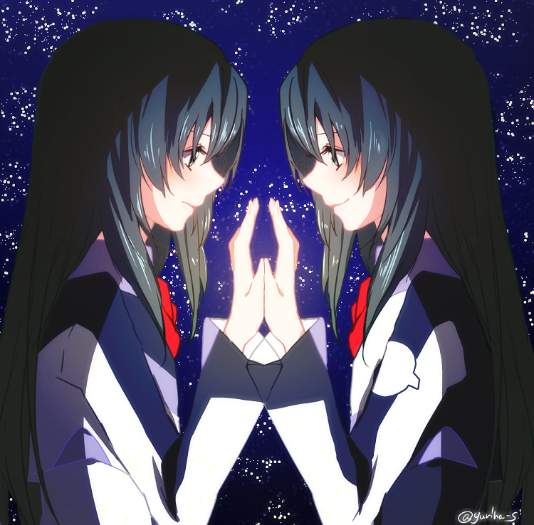 10s, 2girls, bad_id, bad_pixiv_id, black_hair, grey_eyes, holding_hands, long_hair