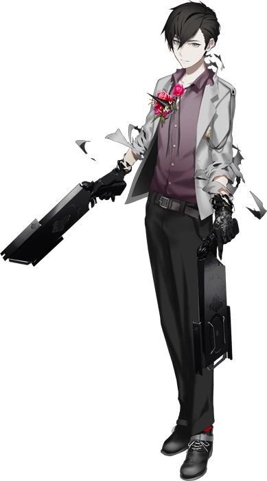 1boy, black_hair, black_skin, brown_eyes, caligula_(game), caligula_(series), colored_skin, dual_wielding, flower, full_body, gun, holding, jacket, loafers, long_sleeves, looking_at_viewer, male_focus, male_protagonist_(caligula), official_art, oguchi, open_clothes, open_jacket, pants, rose, shoes, solo, standing, weapon, white_skin