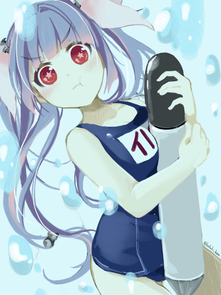 10s, 1girl, between_breasts, blue_hair, blush, breasts, bubble, female_focus, hair_ribbon, holding_breath, hugging_object, i-19_(kancolle), kantai_collection, kazuki_kan, large_breasts, long_hair, looking_at_viewer, name_tag, one-piece_swimsuit, red_eyes, ribbon, school_swimsuit, solo, star-shaped_pupils, star_(symbol), swimsuit, symbol-shaped_pupils, torpedo, twintails, twitter_username, underwater