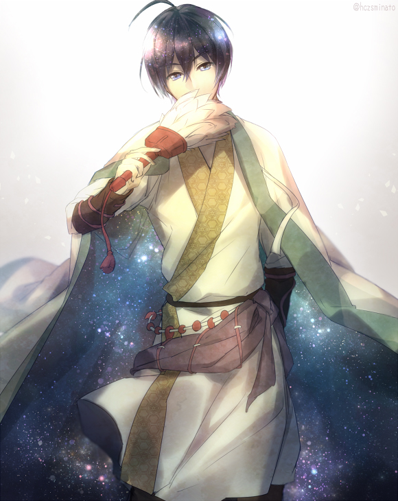 1boy, black_hair, chinese_clothes, chinese_costume, hand_fan, feathers, male_focus, sangoku_rensenki, shokatsu_koumei_(sangoku_koumei), short_hair, solo, yuuna_minato