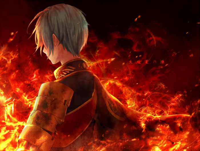 1boy, armor, back, fire, ichigo_hitofuri, male_focus, mangakatouken_ranbu, minato_(zegapain), personification, short_hair, yuuna