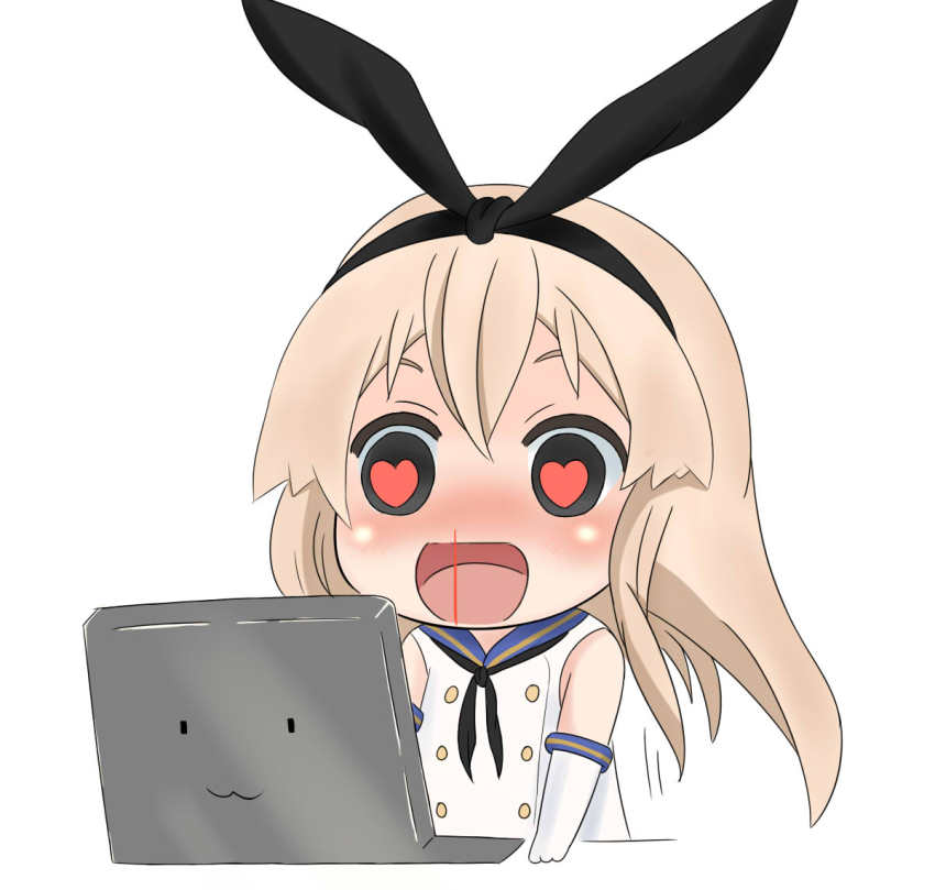 10s, 1girl, :3, :d, bad_id, bad_pixiv_id, blonde_hair, blood, blush, chibi, computer, female_focus, full-face_blush, gloves, hairband, happy, heart, heart-shaped_pupils, kantai_collection, laptop, long_hair, nosebleed, notebook, objectification, open_mouth, rensouhou-chan, shimakaze_(kancolle), simple_background, smile, solo, symbol-shaped_pupils, white_background, white_gloves, yuumachi