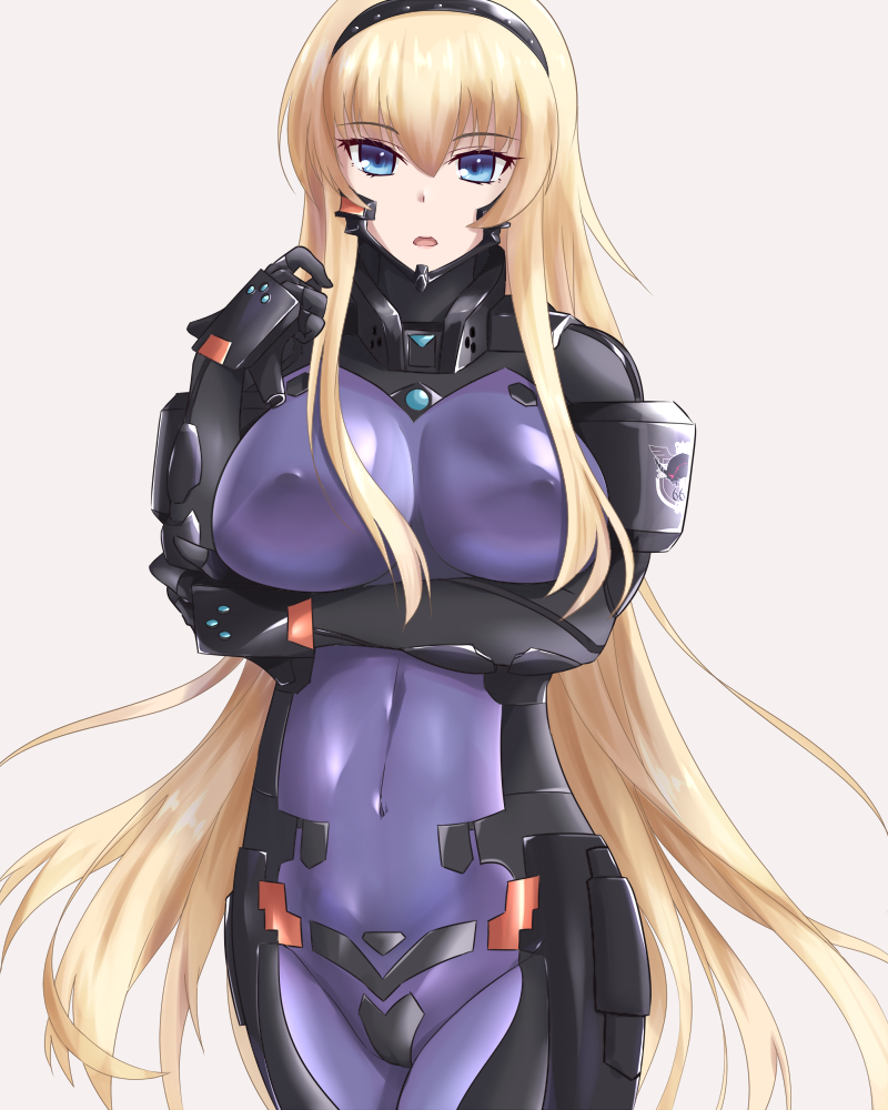 1girl, blonde_hair, blue_eyes, bodysuit, breast_hold, breasts, cameltoe, cleavage, covered_erect_nipples, covered_navel, cureecoolan, female_focus, fortified_suit, grey_background, groin, hairband, irisdina_bernhard, large_breasts, long_hair, looking_at_viewer, mecha_pilot_suit, muv-luv, muv-luv_alternative, pilot_suit, schwarzesmarken, simple_background, skin_tight, solo, standing, very_long_hair