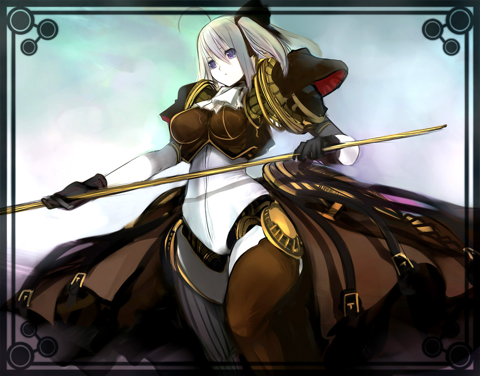 1girl, ahoge, android, armor, bad_id, bad_pixiv_id, blue_eyes, expressionless