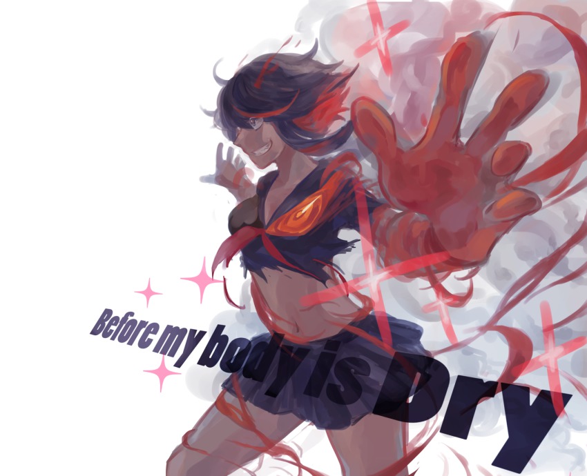 10s, 1girl, black_hair, blood, commentary_request, crop_top, doro_(kura-chou), english_text