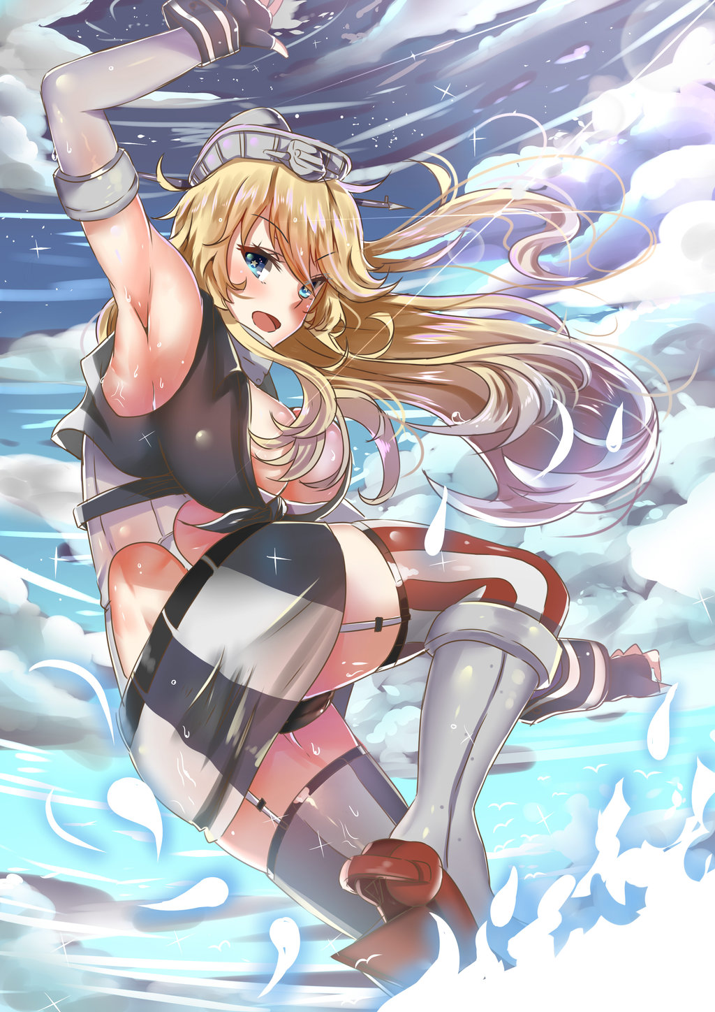 10s, 1girl, arm_up, armpits, back, blonde_hair, blue_eyes, blue_sky