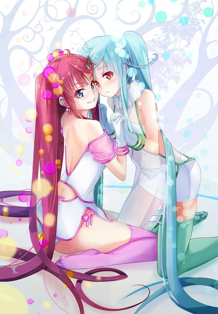2girls, aqua_thighhighs, back, bare_shoulders, bemani, blue_eyes, blue_hair, blush