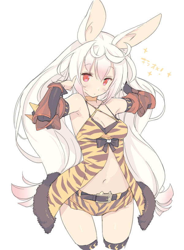 1girl, adjusting_hair, animal_ears, animal_print, arched_back, armor, babydoll, belt
