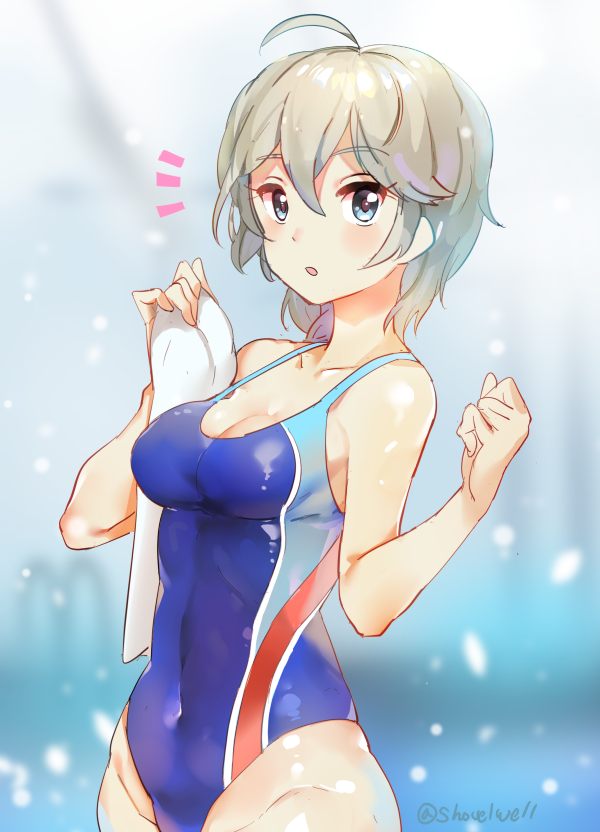 1girl, :o, ^^^, ahoge, anastasia_(idolmaster), artist_name, blue_eyes, blue_one-piece_swimsuit