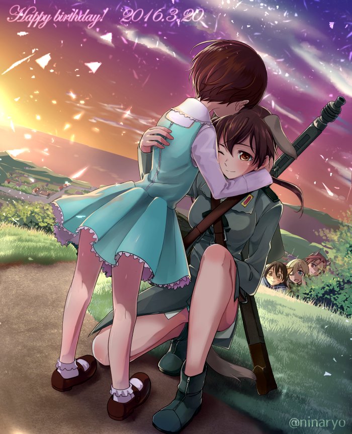 10s, 2016, 5girls, animal_ears, birthday, blonde_hair, blush, bobby_socks