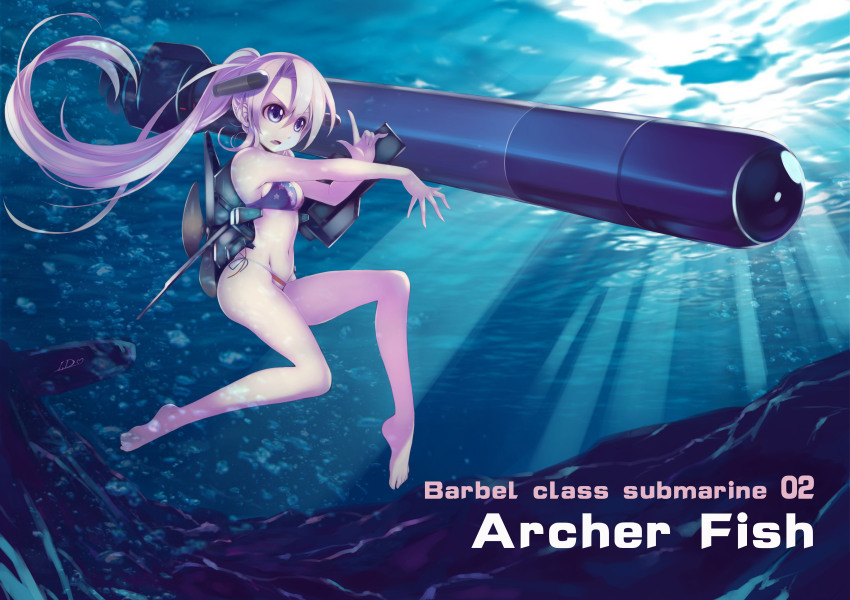 1girl, absurdres, aiming, air_bubble, american_flag, american_flag_bikini, american_flag_print, archerfish_(warship_girls_r)