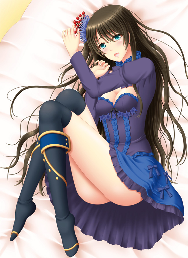 1girl, ass, blue_eyes, blush, breasts, brown_hair, cleavage, female_focus