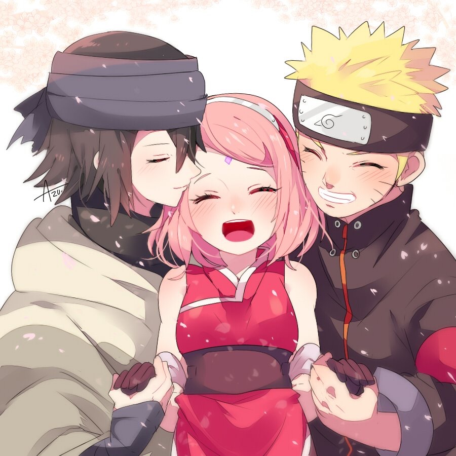 1girl, 2boys, :d, ^_^, azu., azu._(azu_pitch), bad_id, bad_pixiv_id, boy_sandwich, closed_eyes, facial_mark, forehead_mark, forehead_protector, grin, holding_hands, happy, haruno_sakura, headband, multiple_boys, naruto:_the_last, naruto_(series), open_mouth, pink_hair, sandwiched, smile, uchiha_sasuke, uzumaki_naruto