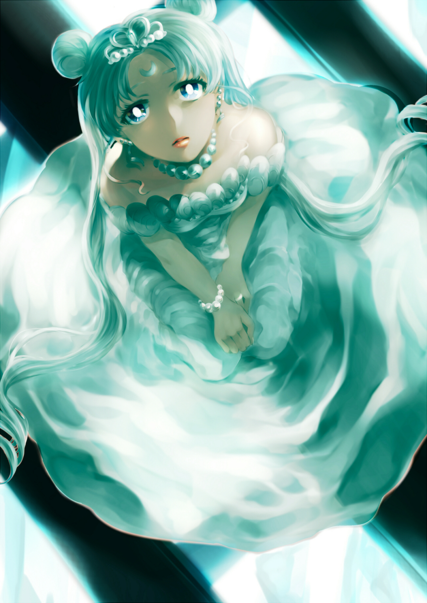 1girl, aqua_theme, bare_shoulders, bishoujo_senshi_sailor_moon, blue_eyes, bracelet, crescent, crescent_facial_mark
