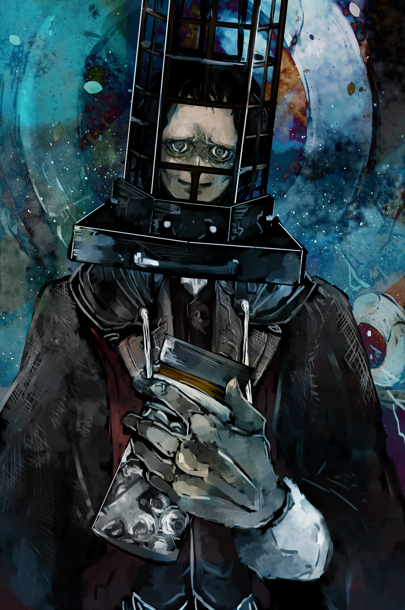 1boy, black_hair, bloodborne, cage, coat, collar, container, crazy_eyes