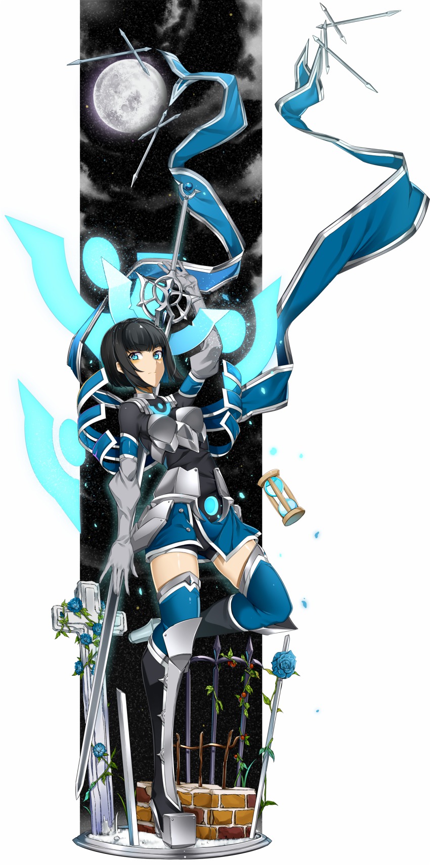 1girl, absurdres, aqua_eyes, armor, armored_dress, black_hair, blunt_bangs, boots, cross, doko_tetora, dress, female_focus, full_body, glass, gloves, highres, hour, hourglass, moon, original, short_hair, skirt, solo, standing, standing_on_one_leg, sword, thigh_boots, thighhighs, weapon, zettai_ryouiki
