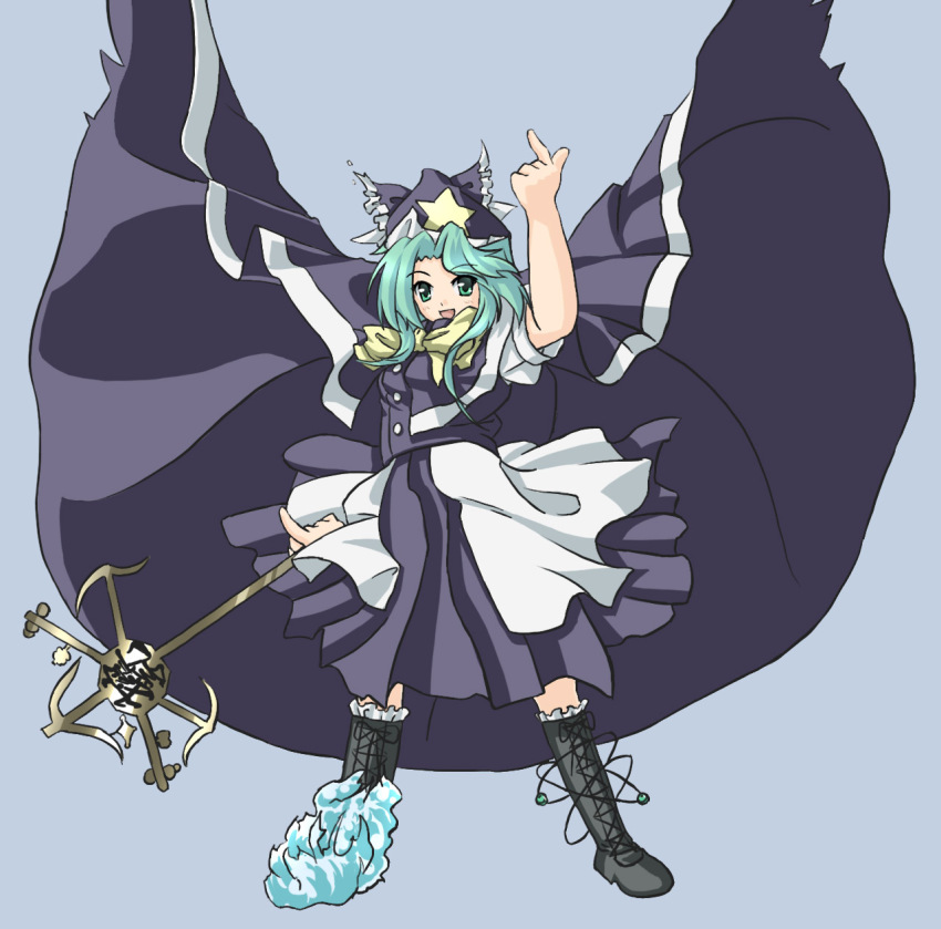 1girl, boots, bow, cape, cosplay, female_focus, green_eyes, green_hair