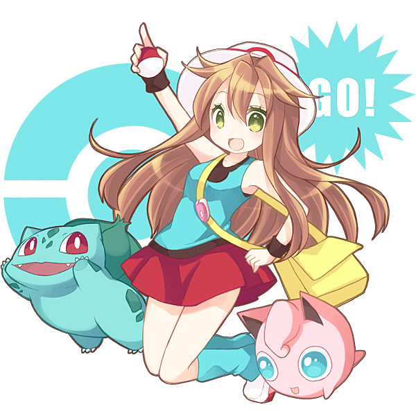 !, 00s, bag, blue_eyes, brown_hair, bulbasaur, gen_1_pokemon, green_(pokemon), green_eyes, hat, jigglypuff, long_hair, nintendo, nocana, poke_ball, pokemon, pokemon_(creature), pokemon_firered_and_leafgreen, red_eyes, skirt