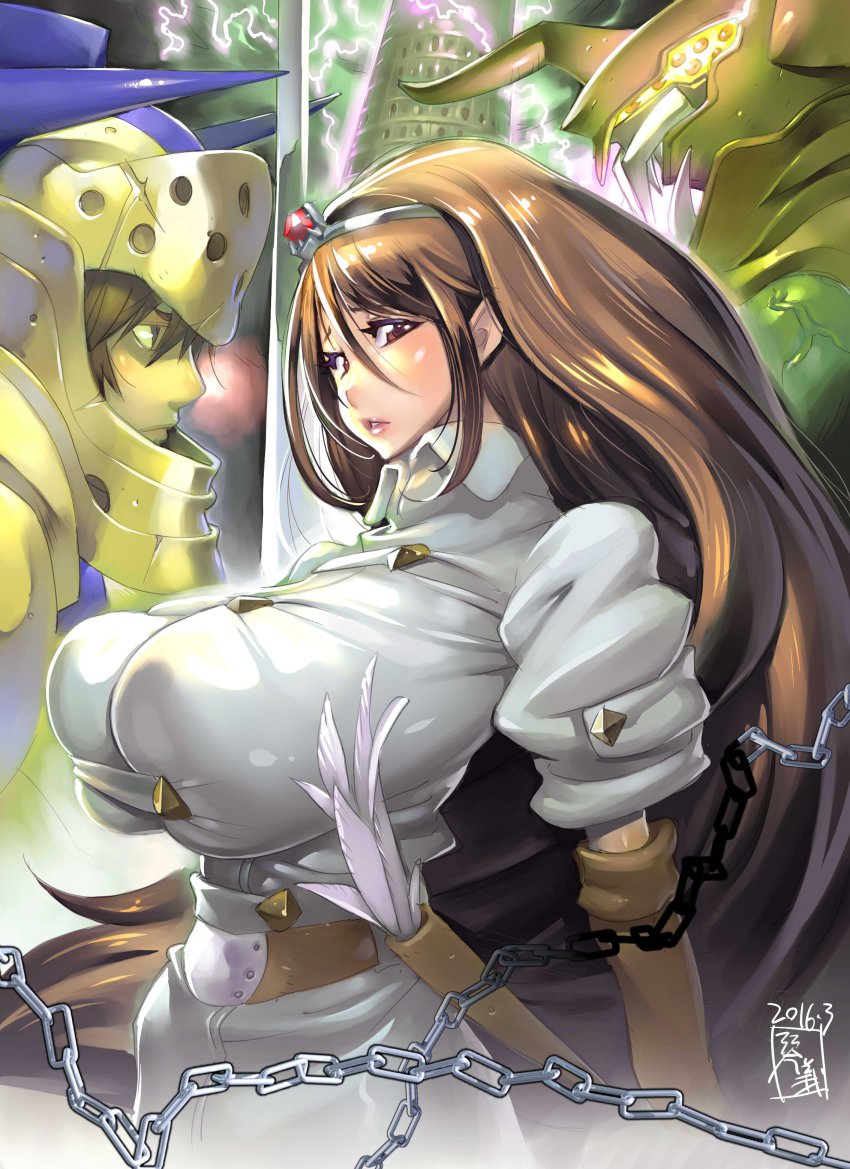 1boy, 1girl, absurdres, armor, babylonian_castle_saga, bandai_namco, breasts, brown_eyes, brown_hair, bursting_breasts, circlet, druaga_no_tou, gilgamesh_(druaga), highres, huge_breasts, ki_(druaga), kotoyoshi_yumisuke, long_hair, looking_at_viewer, namco, parted_lips, sword, tower, very_long_hair, weapon